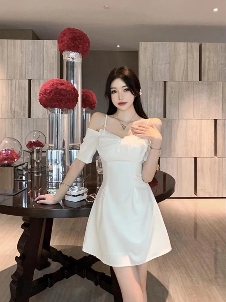 Mini Dress for Women, Sweet Bow, Spaghetti Strap, Pearl Decoration, One Piece Slash Neck, Elegant Birthday Party Dress, 2023