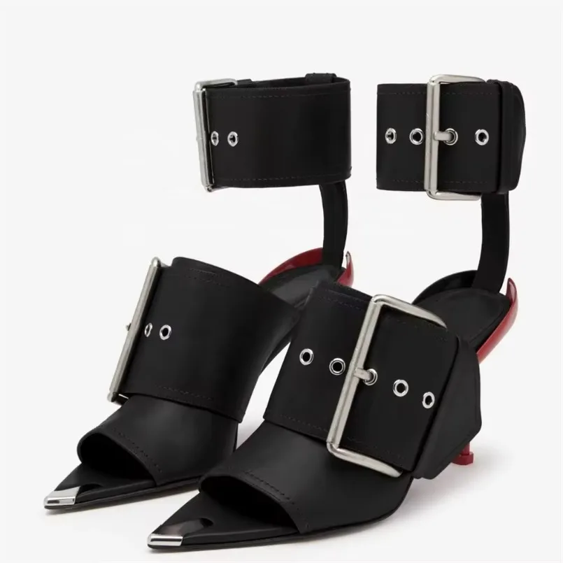 

Women Special-Shaped High-Heeled Shoes Leather Multiple Belt Wide Ankle Buckles Pumps Metal Peep Toe Sexy Sandals