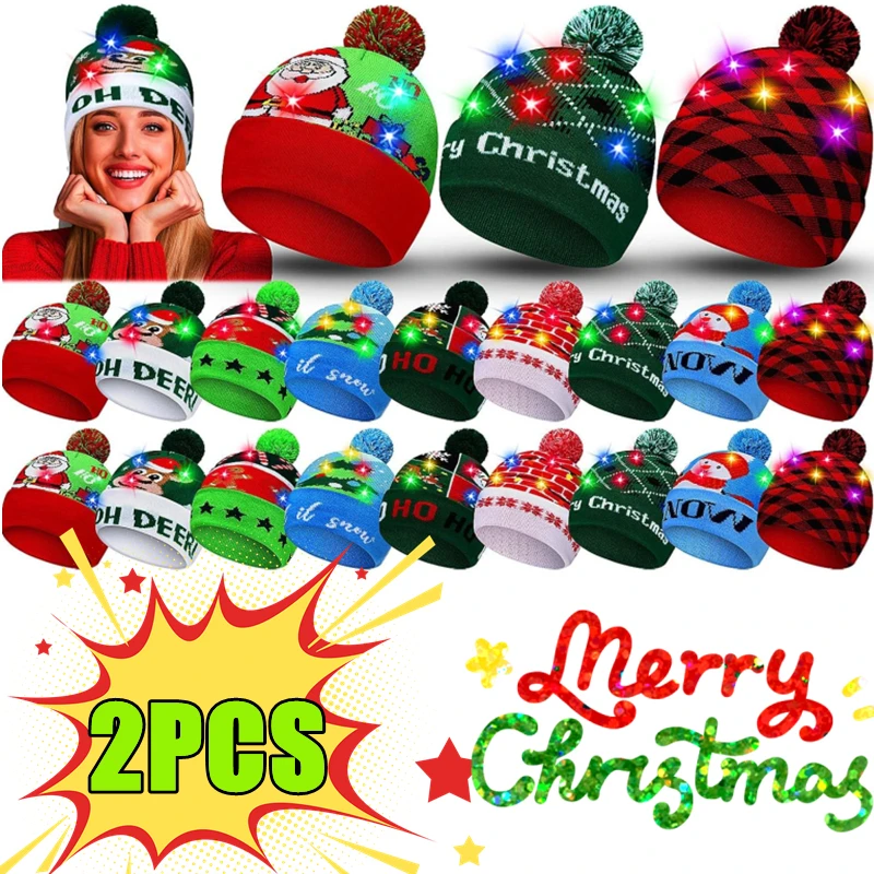 Newest 2/1PC LED Christmas Knitted Hat Light Up Xmas Beanie Cap Unisex Winter Beanie Sweater Hat Colorful LED Christmas New Year