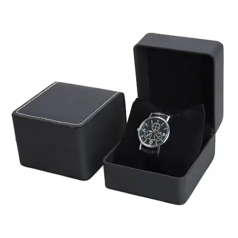 Black Square Single Watch Gift Box With Pillow PU Leather Wristwatch Display Case Organizer Men Jewelry Supplies