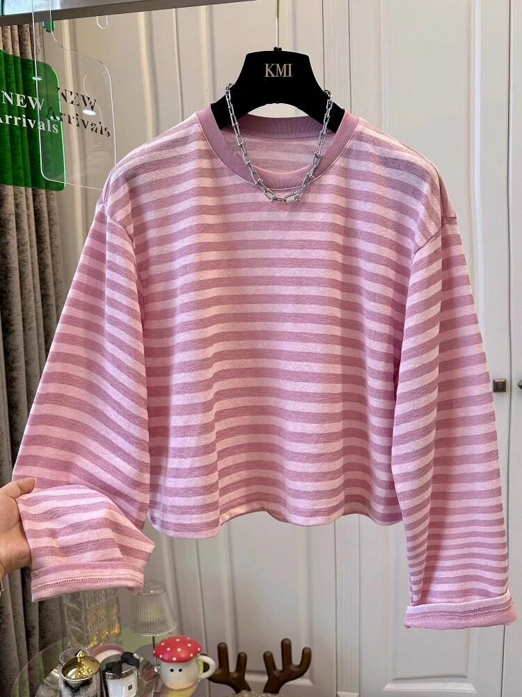 Women Short O-Neck Striped Color Block Long Sleeve T-Shirt Korean Loose Sun Protection Top Casual Commuter Spring Autumn Tee
