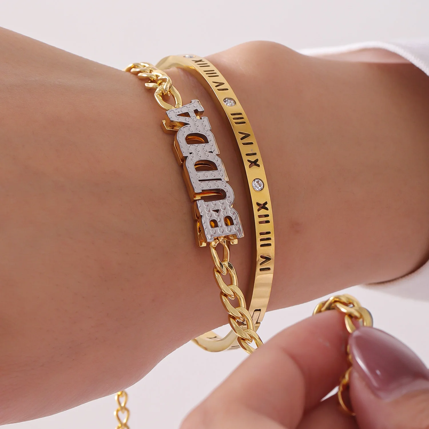 

Custom Name Bracelet Double Layer Stackable Arabic Style 18K Gold Plated Cuban Chain Hip Hop Christmas Birthday Gift for Her Him