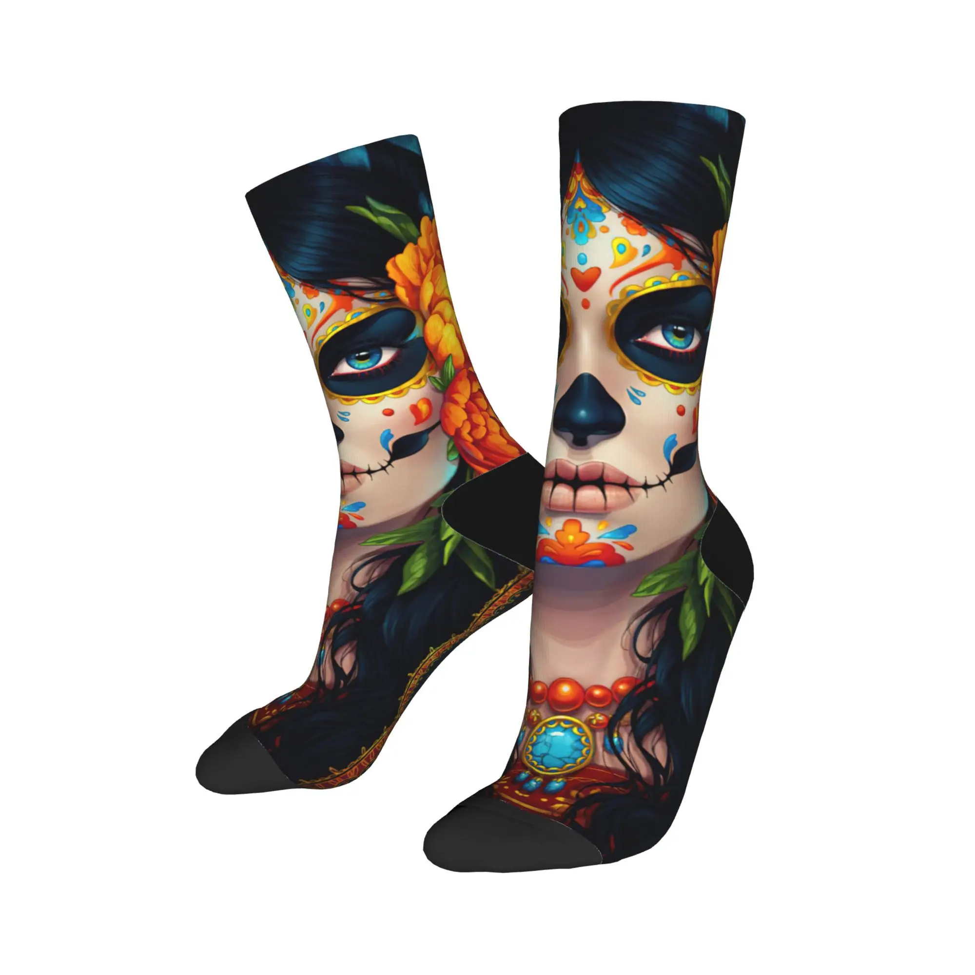 ฤดูหนาวผู้ชายที่มีสีสันอบอุ่นผู้หญิงกะโหลกศีรษะน้ําตาลฮาโลวีนถุงเท้า Santa Muerte เหงื่อดูดซับถุงเท้าฟุตบอล