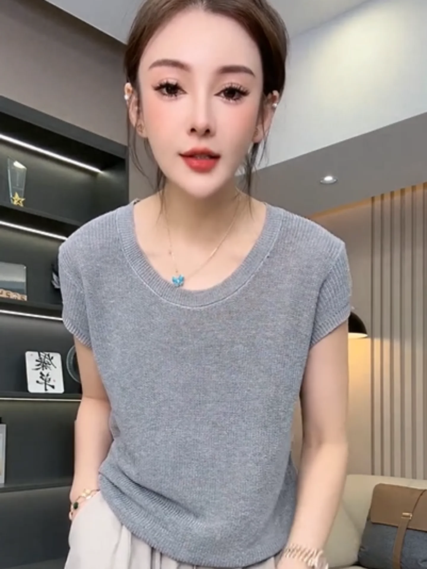Elegant Knitted Short Sleeve U-Neck Back Hollow out Women's T-Shirt Summer Pure Color Ice Sensation Top Soft Loose Fit Casual...