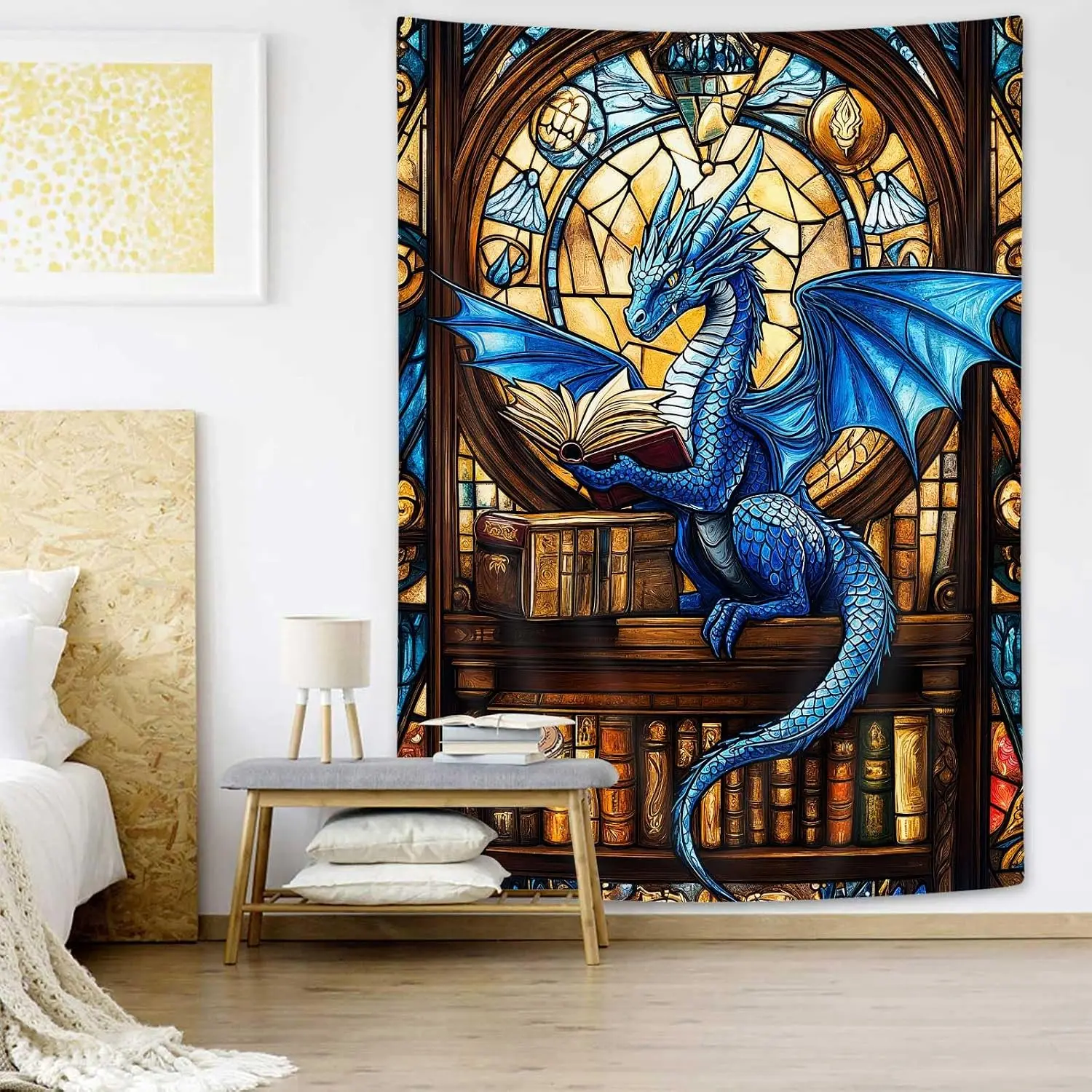 Stained Glass Dragon Tapestry, Blue Winged Dragon Reading Book Library Wall Hanging, Nice Fantasy Room Background Cloth Decor