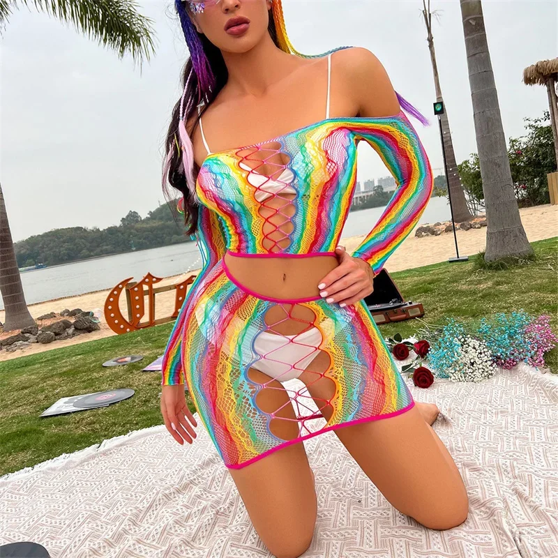 ใหม่มาถึงแฟชั่นสาว Babydolls teddies เซ็กซี่ Bodycon ไนลอน Rainbow Mini Dress เปิด Crotch เสื้อผ้าของเล่น 18 + ชุดชั้นในเซ็กซี่