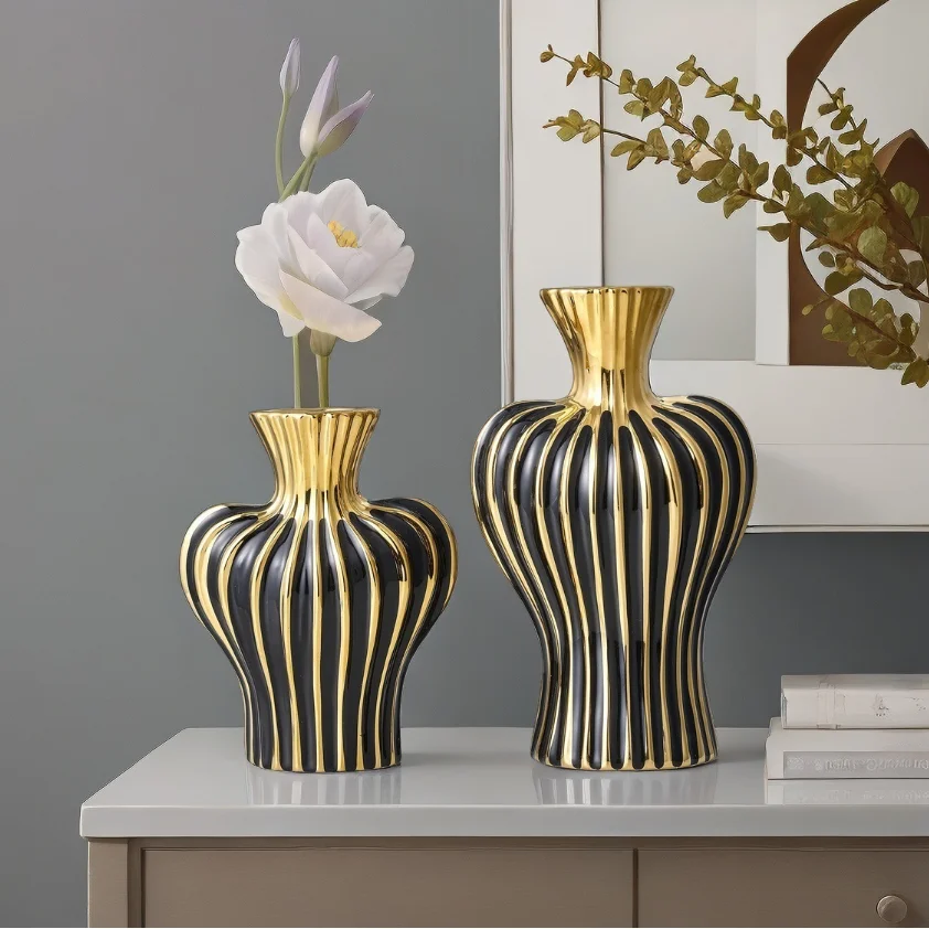 

Ceramic Electroplated Vase Black Gold Artificial Flower Flower Vessel Minimalist Decorative Living Room Office Home Decorations