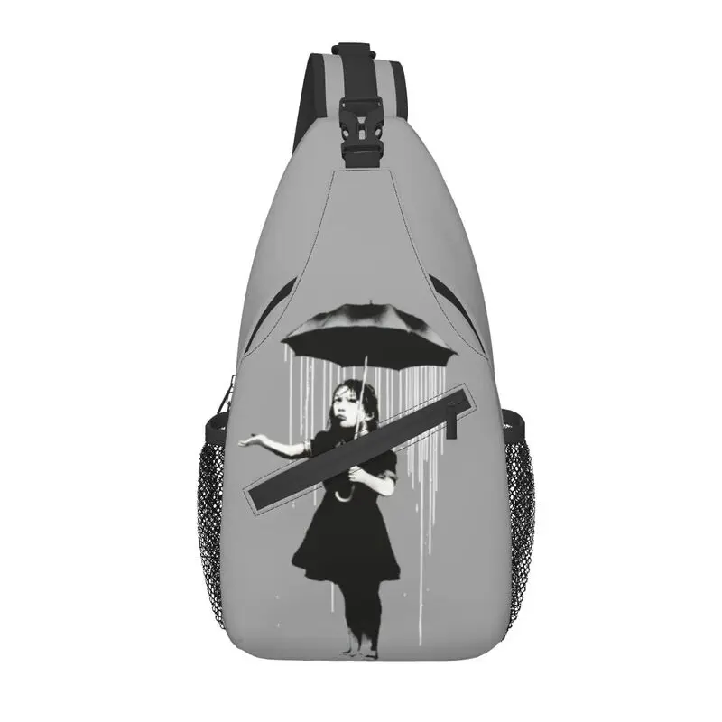 Banksy Rain Crossbody Sling Backpack Men Custom Street Pop Art Chest Shoulder Bag for Travel Hiking Daypack