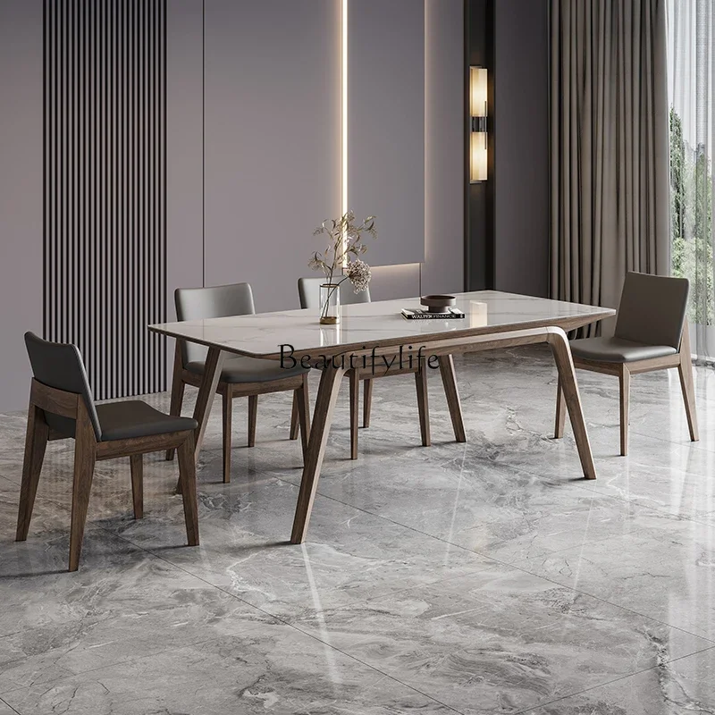 Italian light luxury rock slab dining table modern simple solid wood ash wood rectangular dining table