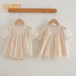 Summer Newborn Baby Girls Sweet Jumpsuit Toddler Baby Girls Short Sleeves Lace Kids Princess Dress Girls Sister Clothes