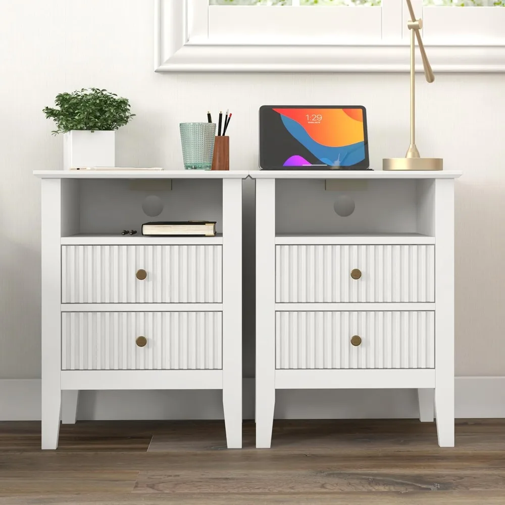 Fluted Nightstand Set of 2 with Charging Station, White End Table with 2 Silent Slide Drawers & Storage Shelf