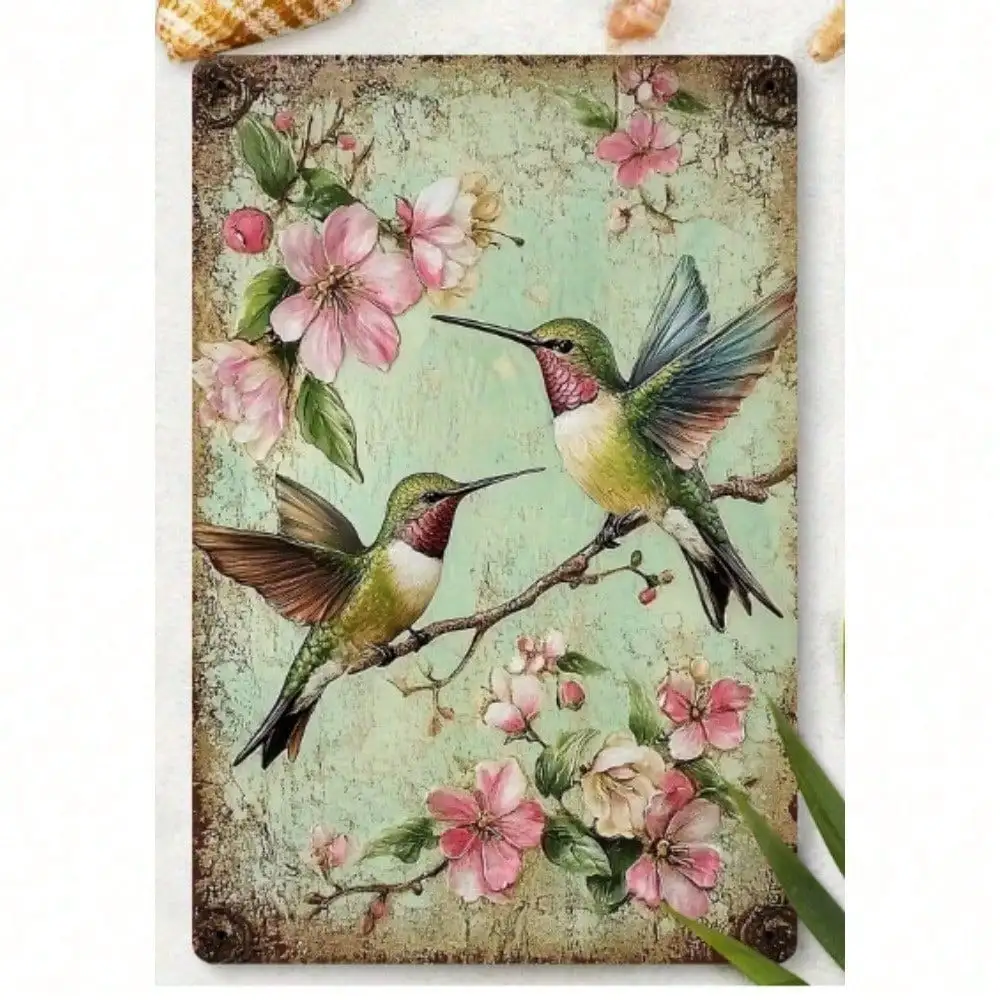 Metall-Wandkunst, Vintage-Stil, Kirschblüten-Kolibri, rustikale Blumendekoration, 20,3 x 30,5 cm, Leinwanddruck