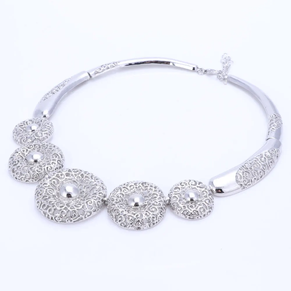 Vintage Women Clear Crystal Hollow Patterns Silver Plated African Dubai Bridal Wedding Costume Necklace Jewelry Sets