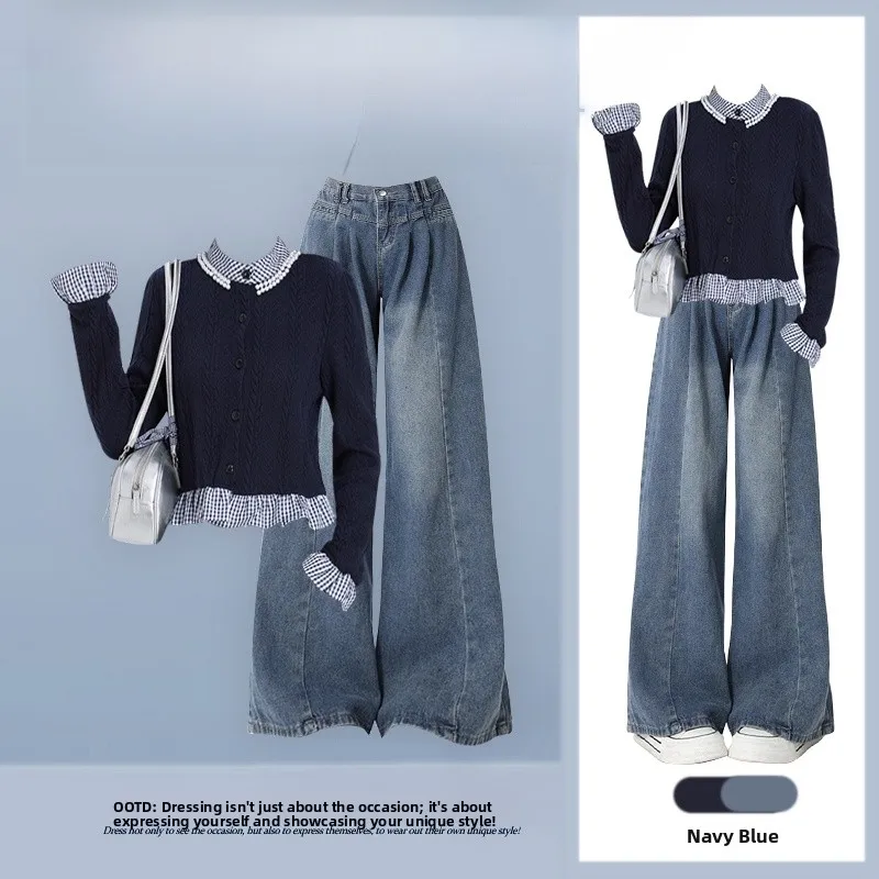 

Chic Autumnal Denim Two-Piece Set Straight Leg Wide Pants Ensemble Elegant Design Casual Fashion Women's Ensemble