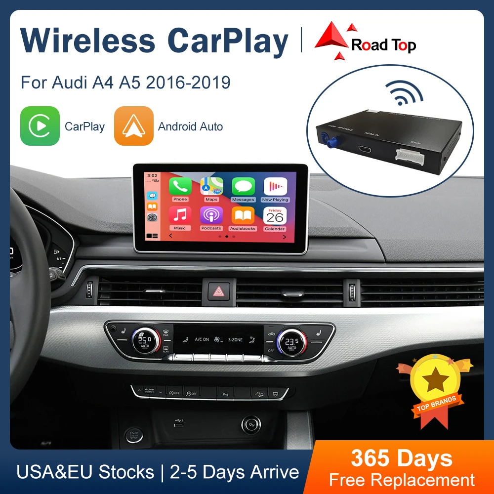 Road Top Wireless CarPlay for Audi A4 B9 A5 Q5 Q7 2016-2019, with Android Auto Interface AirPlay Mirror Link Car Play Functions