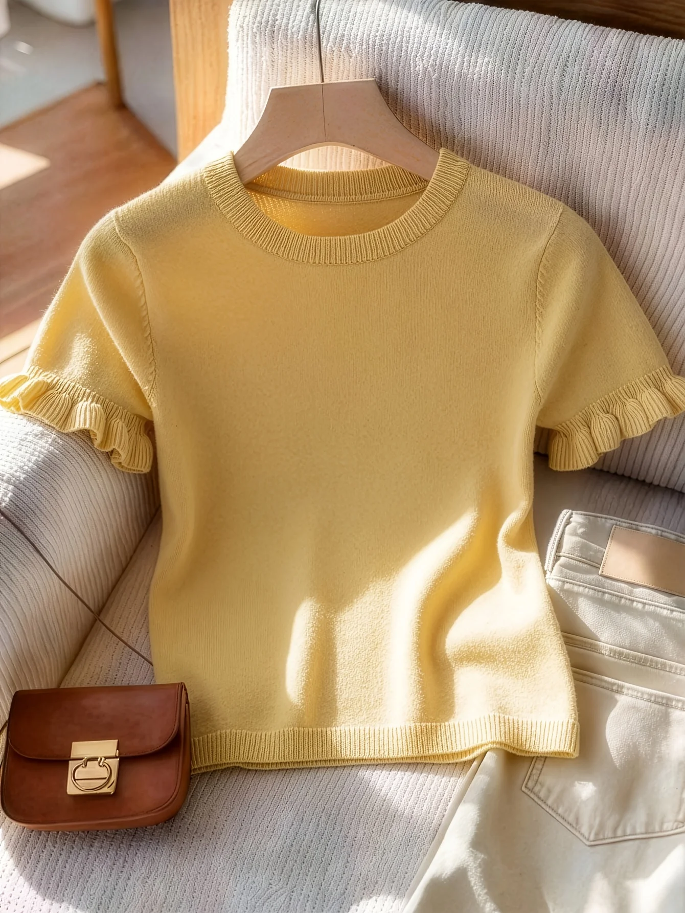 

Women's Clothing Solid Color Casual Cropped T-Shirt, New Spring & Summer Style with Ruffle Pleated Design, Fashionable, Elegant