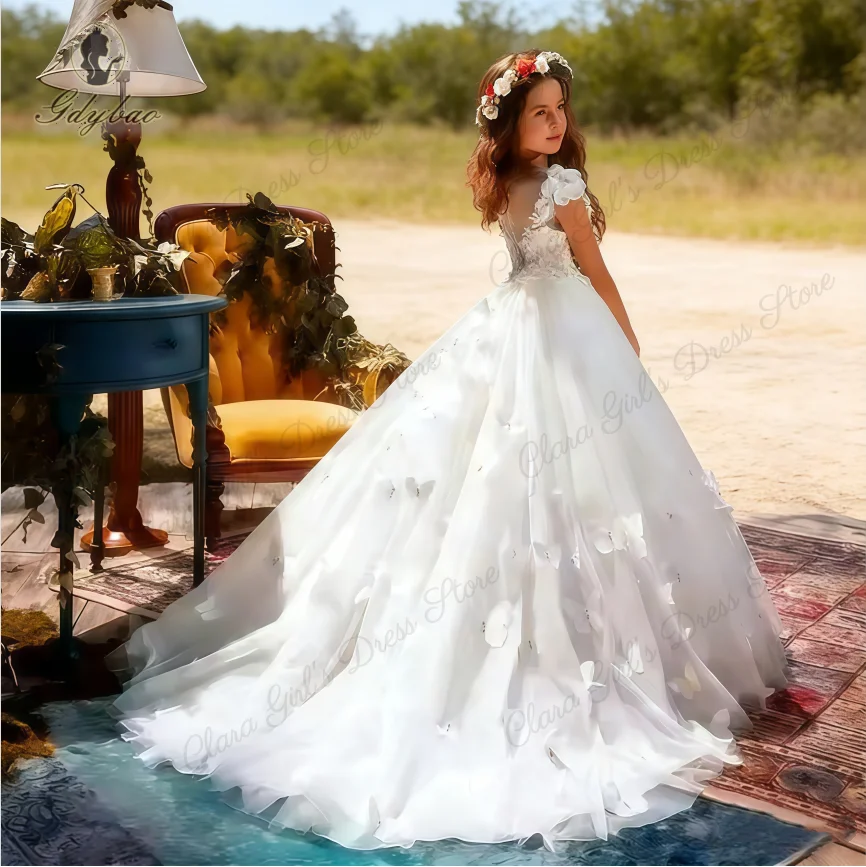 Robe de demoiselle d'honneur blanche élégante avec appliques papillon 3D, parfaite pour les fêtes d'anniversaire des enfants, les concours et la première communion