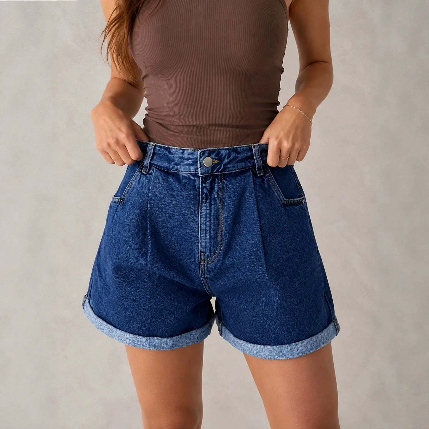 Retro Women's High Waist Casual Denim Shorts Irregular Pockets Pleated Curled Wide-leg Shorts