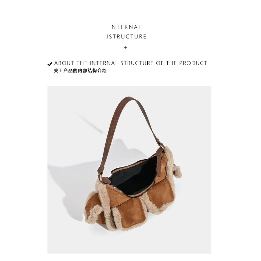 Autumn And Winter Fashion PlushBag Suede Stitching Multi-Pocket Shoulder Bag