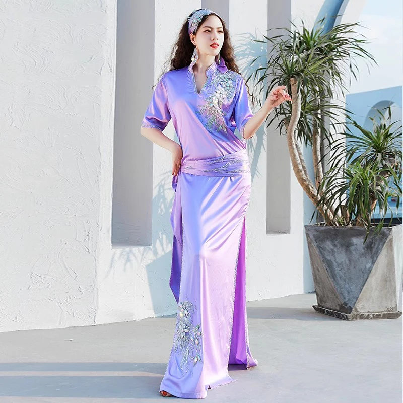 Stage Performance Women Belly Dance Dress Satin Baladi Dress Saidi One-piece Dresses Girls Folk Costume Embroidered Long Robe