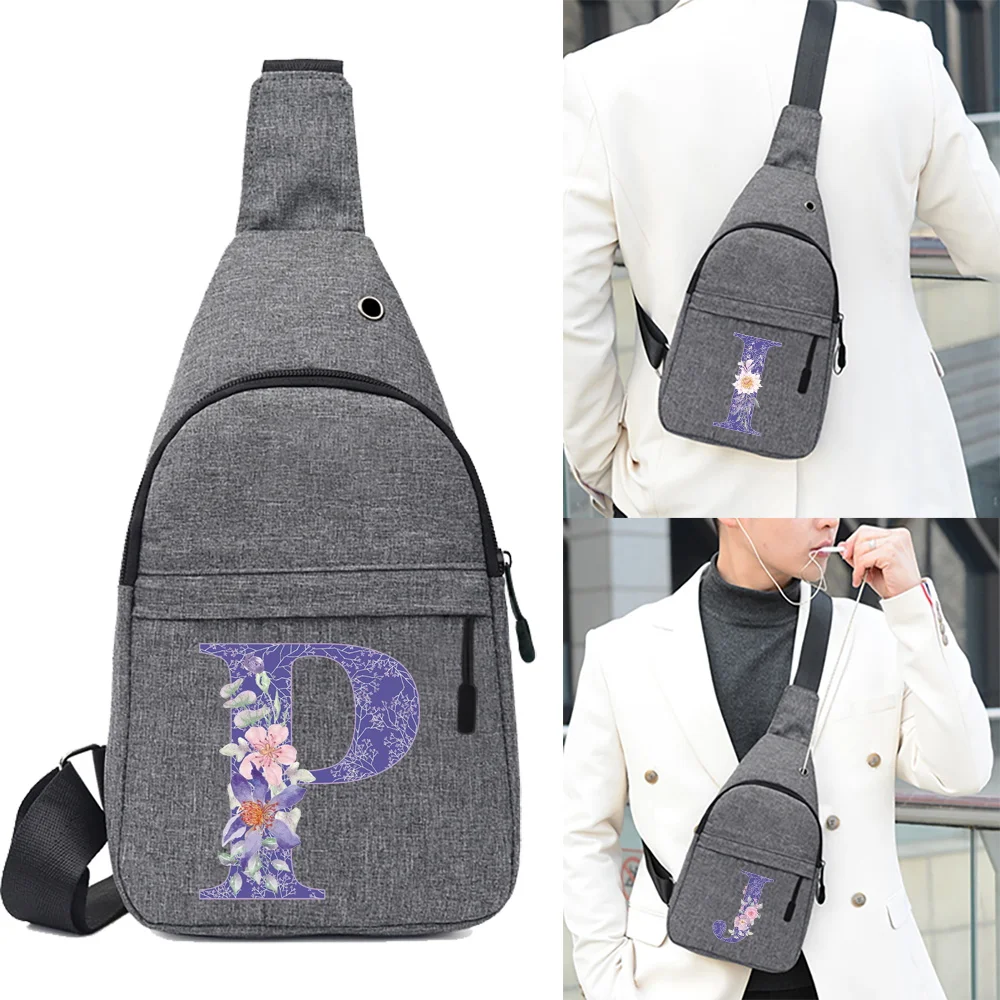 funny Bags Men Chest Bag Summer Trip Messengers Bag Handbag Print Purple Flower Letter Pattern Shoulder Bags USB Charging