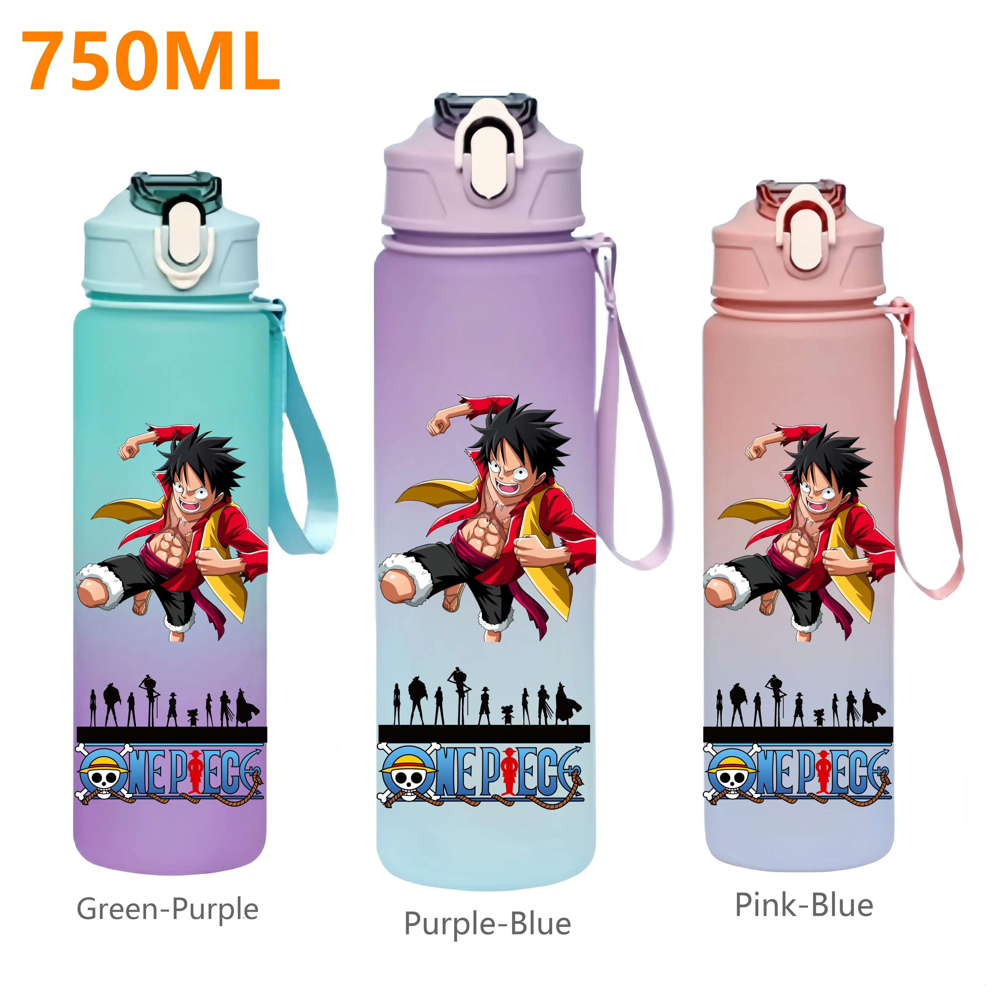 750ML ONE PIECE Monkey D. Luffy Roronoa Zoro Anime botella de agua con pajita deportes al aire libre viaje portátil gimnasio Fitness jarras