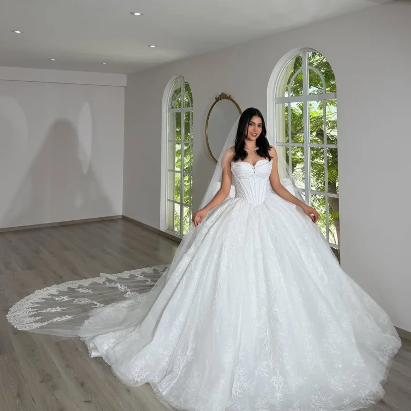 Simple Lace White Appliques Wedding Dresses Beadwork Decal Puff Skirt long tail A-line Slit Made Wedding Dress Bridal Gown