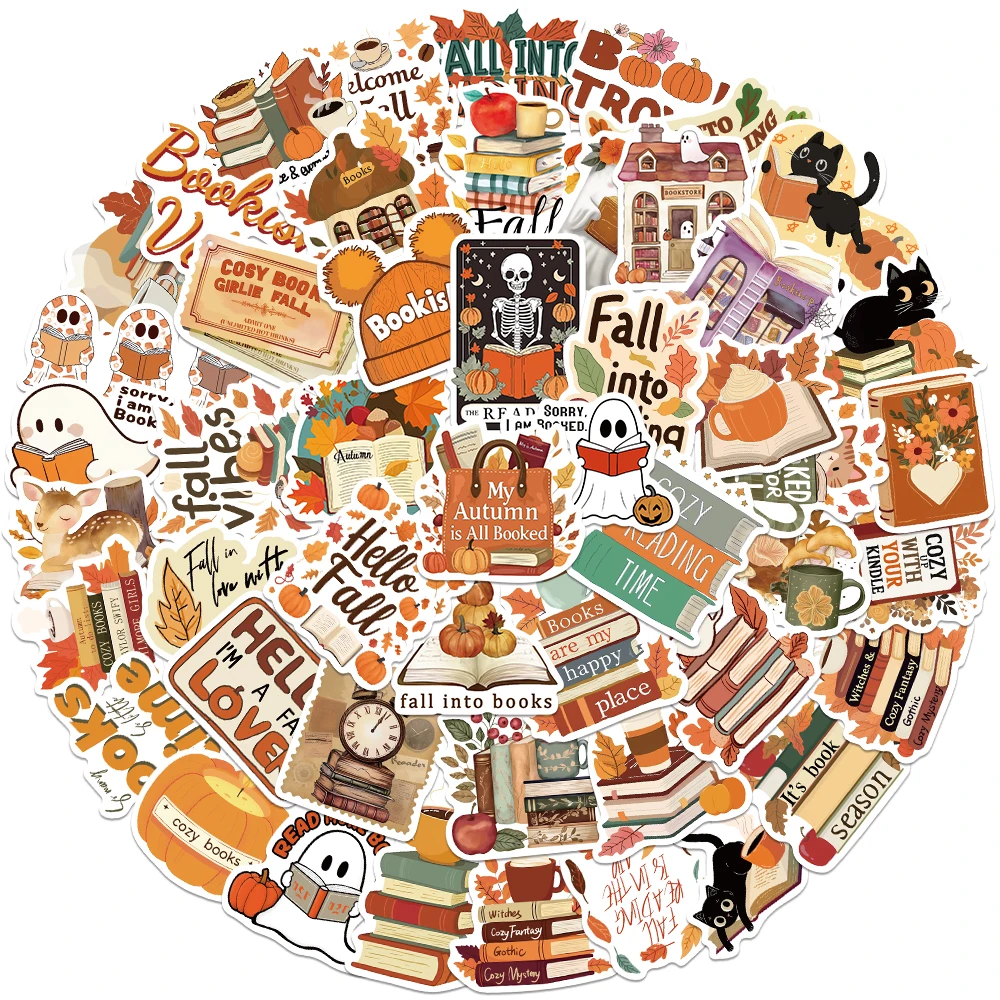 50pcs Retro Cute Cartoon Autumn Reading Book Stickers Bookish Vinyl Decals Luggage Guitar Laptop Phone Waterproof Graffiti