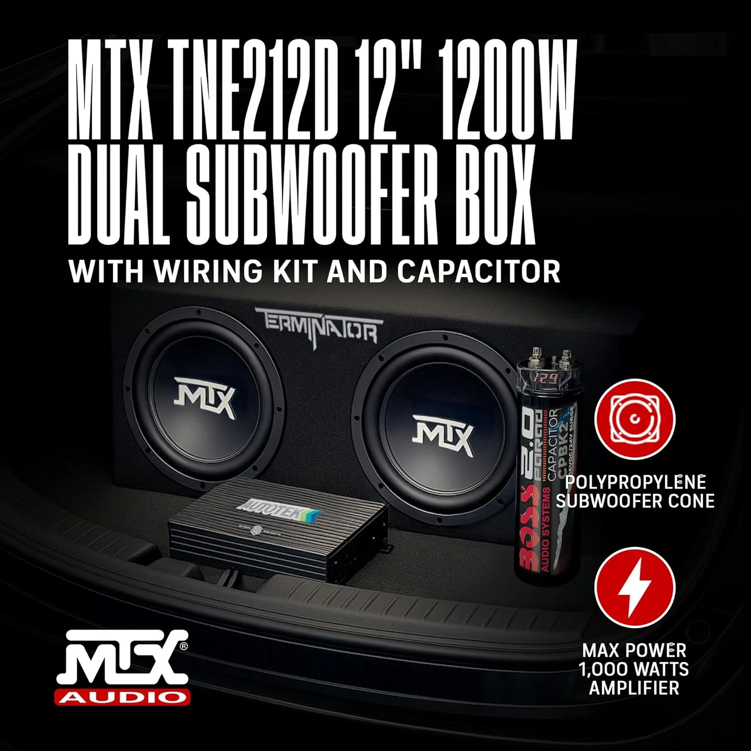 12 Inch 1200W Dual Loaded Car Subwoofer Package – 4 Ohm Sub Enclosure with 1200W Mono A/B Amplifier & Complete Wiring Kit 4