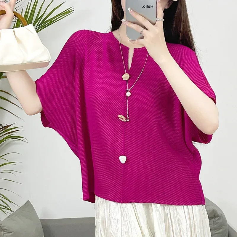 

ALSEY Miyake Women's Round Neck Short Sleeve Solid Colour Single Breasted Blouse 2025 Summer New Clothing Fashion Casual Pleated