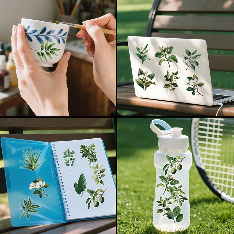 50 قطعة من ملصقات أوراق النباتات الخضراء DIY حقيبة دفتر الدراجة زجاجة ماء قضية الهاتف المحمول شفافة جرافيتي يترك الشارات