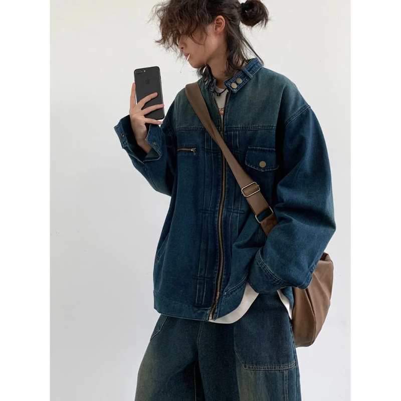 Cowboy Tooling Suit Mens New Spring Autumn Streets Vintage Washed Denim Two-piece Set Motorcycle Y2K Trend Bomber Cargo Sets