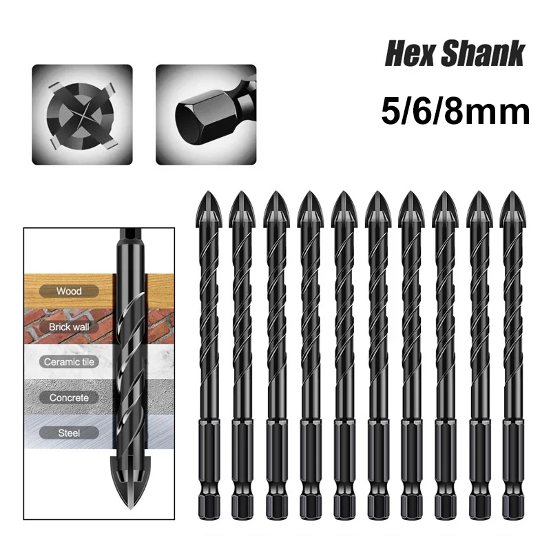 10 stücke Hex Mauerwerk Bohrer Set 5mm/6mm/8mm Sechskantschaft Titan Stahl Metall Kreuz Bohren bits Für Glas Keramik Beton Ziegel