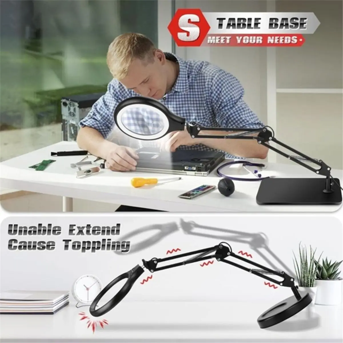 A72U Large Magnifying Glass with Light and Stand,LED Desk Lamp for Reading Craft Hobby Close Work