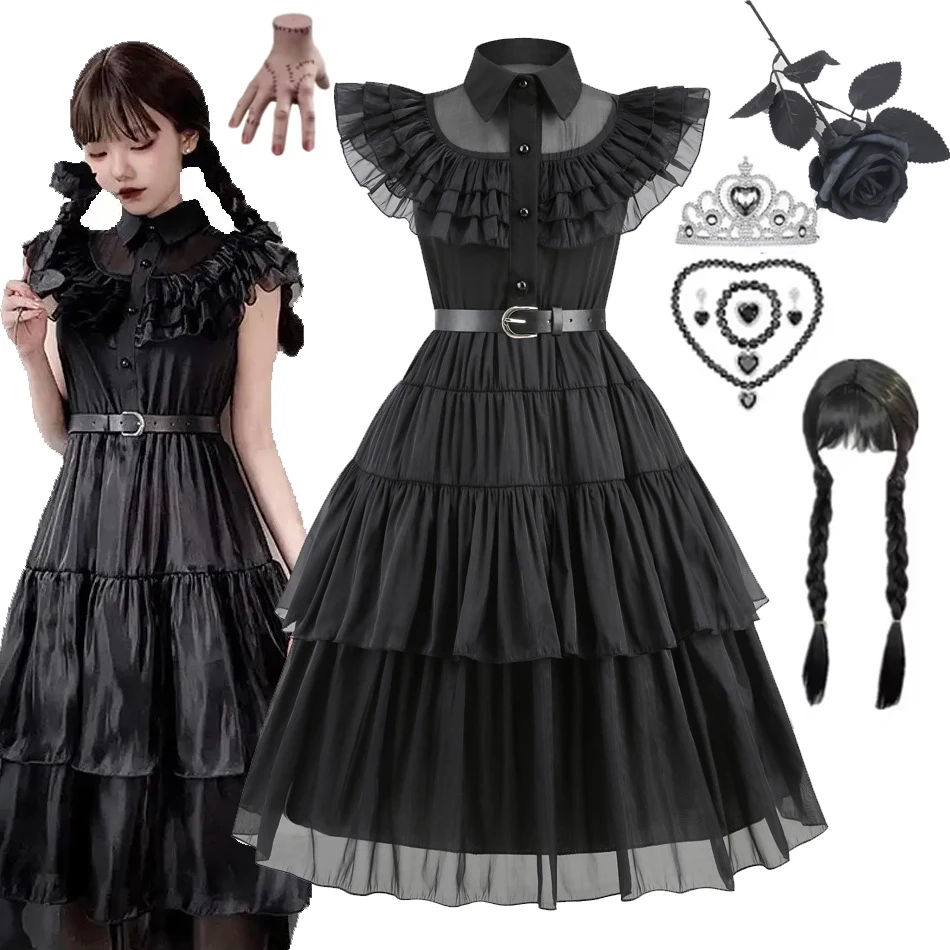 

Adams New Movie Costume Baby Girls Family Cosplay Halloween Costume Kids Family Dancing Black Dress Pageant Vestidos