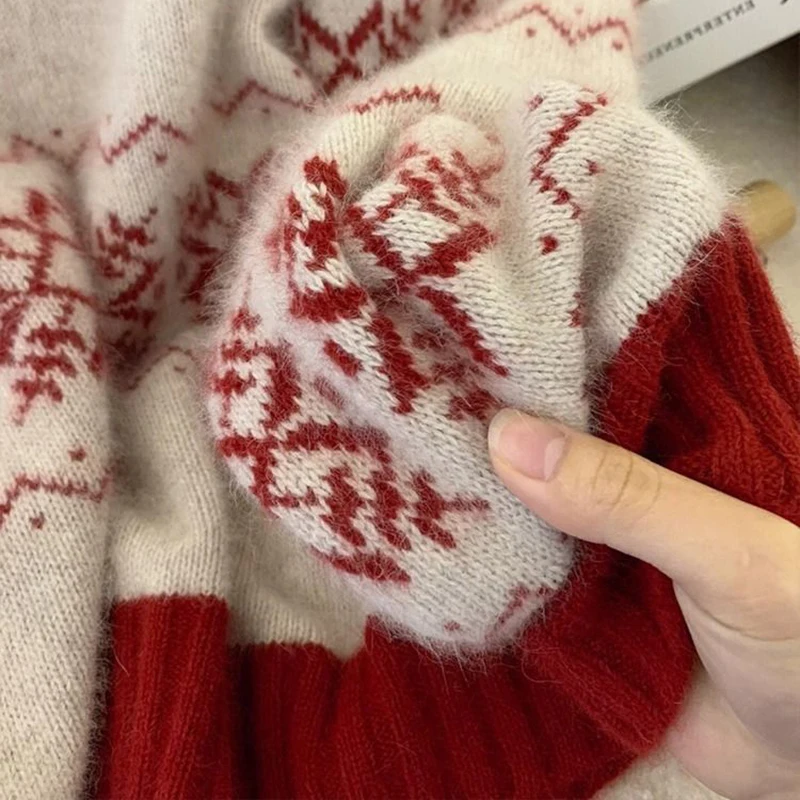 ジャカード甘いクリスマスレッドセーター女性韓国ヴィンテージクラシック長袖プルオーバー長袖シックなフェイクミンクフリーストップ