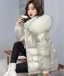 Winter Down Jacket Parkas Women Down Coat Fur Collar Hooded Fashion Sequins Jackets Female Outerwear Women's Coats Warm Silver