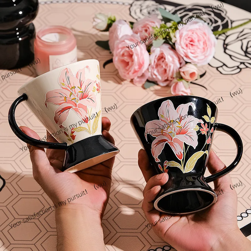 Ceramic water cup Embossed mug Home breakfast cup Office coffee High value goblet Couple