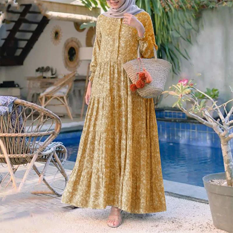 2023 New Arrival Spring Autumn Muslim Abaya Hijab Dress For Women Layered Elegant Floral Printed Robe Long Sleeve Evening Party