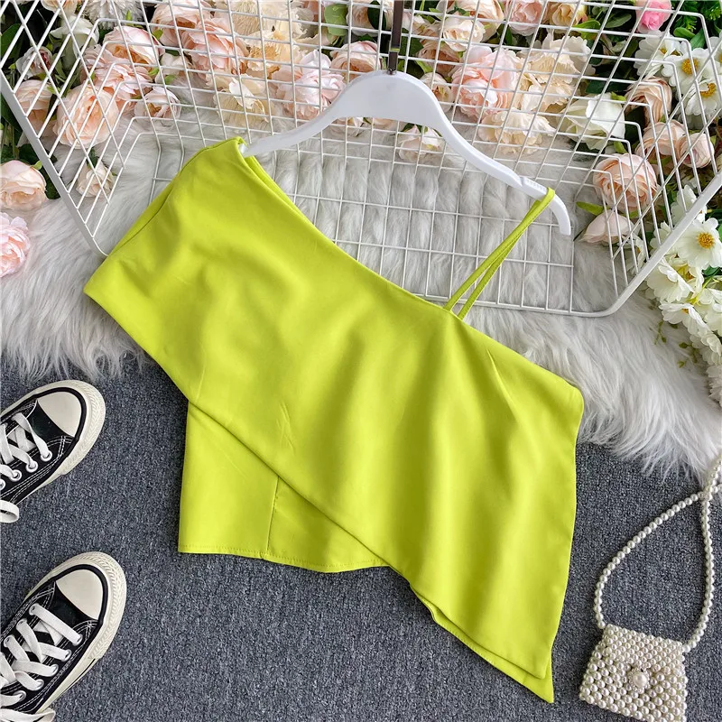 Sweet High Waist Diagonal Collar Asymmetric Off Shoulder Blouse Vintage Sleeveless Fashion Women Elegant Summer Crop Tops