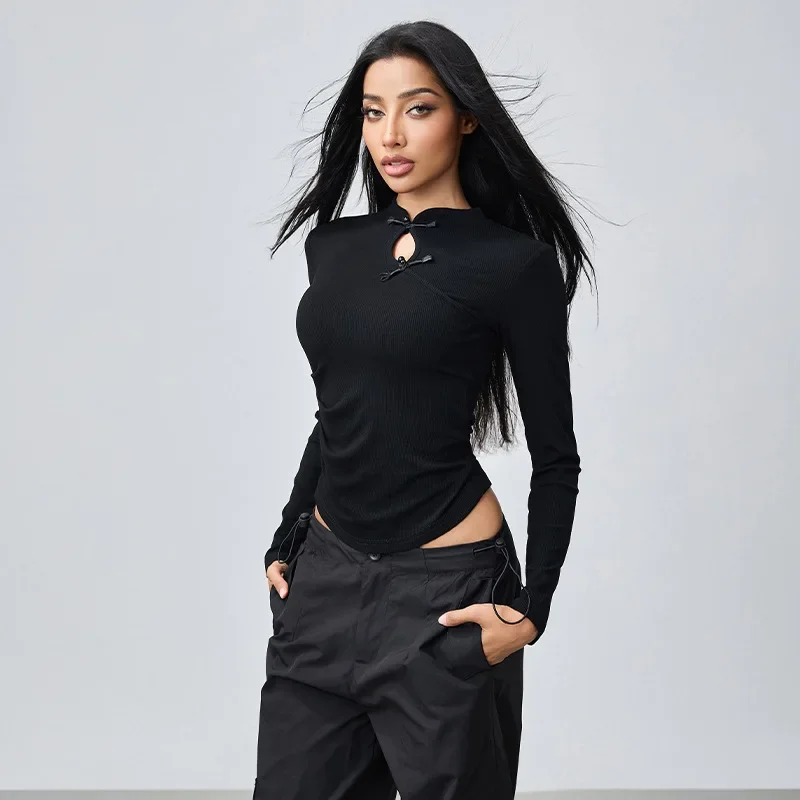 

Chinese Style Traditional Pleated Skirt Long Sleeve Yoga Shirts Sport Top Fitness Clothes Wear Femme Jersey Mujer Running