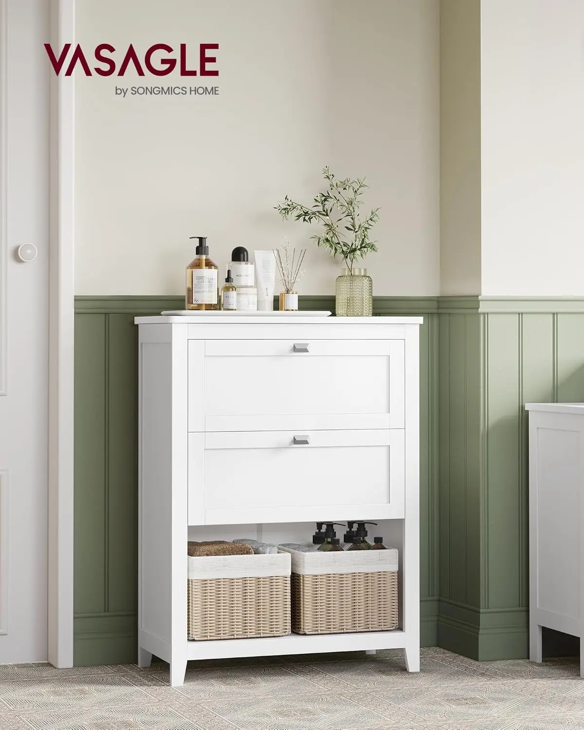 Bathroom Cabinet, Storage Cabinet and Bathroom Organizers, 2 Drawers with 1 Adjustable Divider, 2 Baskets, Sideboard