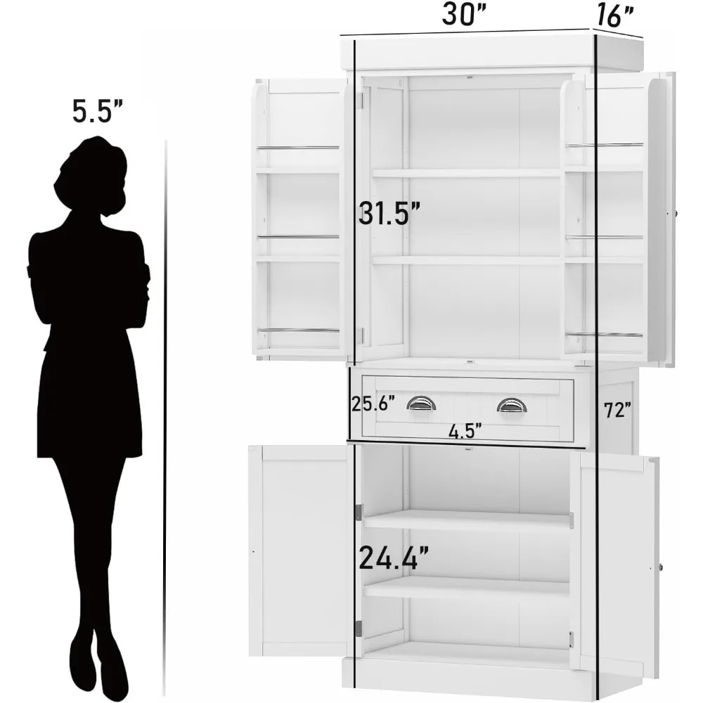 72" Kitchen Pantry Storage Cabinet with Doors and 6 Hanging Shelves,Storage Cupboard with Large Drawer ,Bathroom Cabinets