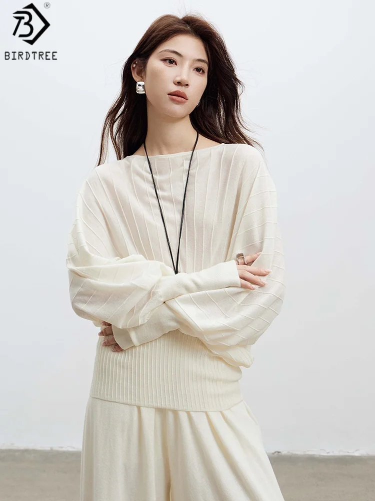 

Birdtree 31,2% овечья шерсть 26,1% акриловый свитер, женский полушерстяной свитер с вырезом лодочкой и рукавами «летучая мышь», свободный осенний вязаный халат T58712JF