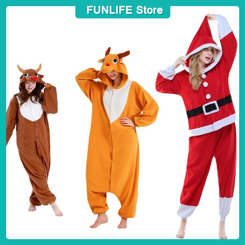 Christmas Jumpsuit Pajamas Polar Fleece Onesie Santa Claus Reindeer Cosplay Costume Winter Plush Sleepwear Adult Home Clothing