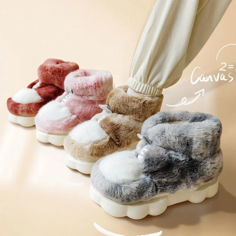 Women Winter Warm Shoes Plush Lining Cotton Slippers 2024 Couple Platform High Top Snow Boots Female Male Indoor Home Slipper