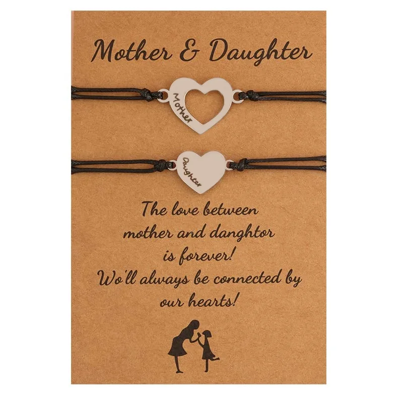 2pcs Mother Daughter Bracelets Set Mommy and Me Matching Love Heart Black Rope Jewelry Gift Mother\'s Day Bracelet