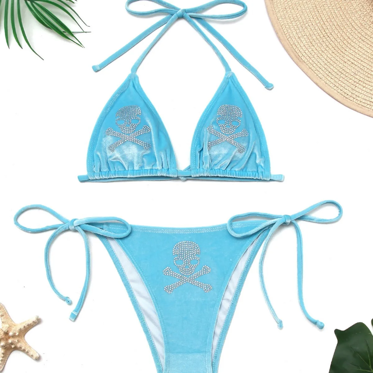 Sky Blue Velvet Skull Rhinestone Bikini Set Women Halter Tie Up Punk Gothic Two Piece Swimsuit Sparkly Diamond Bathing Swimwear