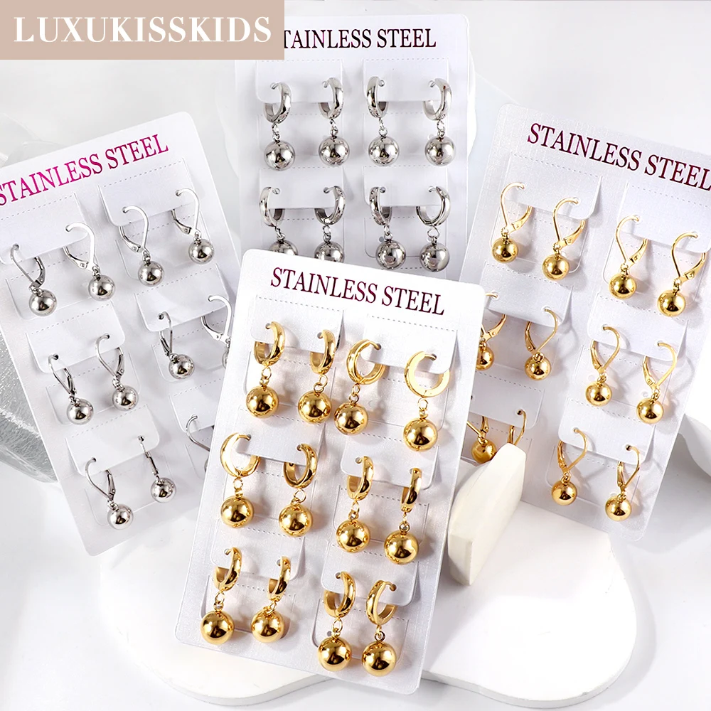 LUXUKISSKIDS 6Pairs/Card Wholesale 316L Stainless Steel Ball Drop Earrings Classic Luxury Minimalist Dangle Sets For Women News