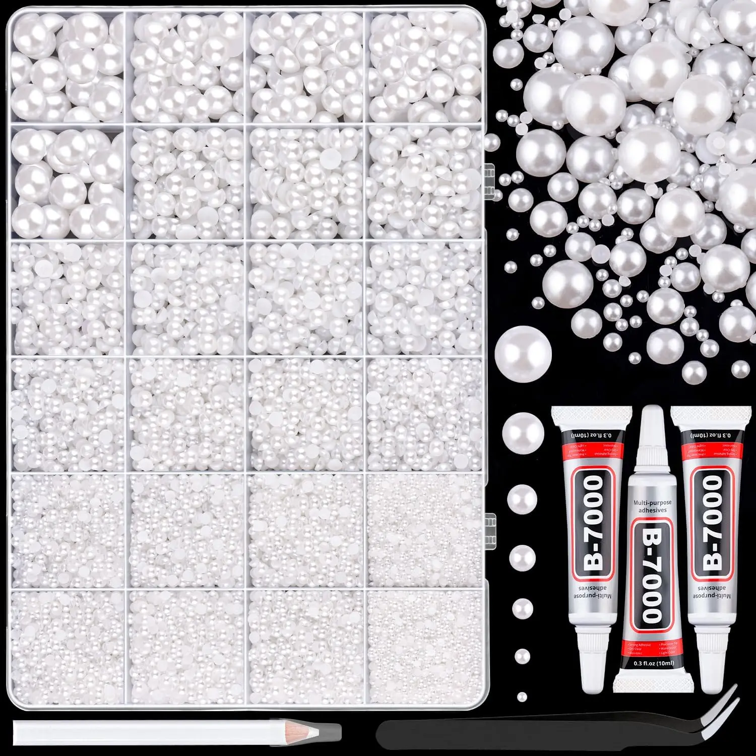 16500Pcs White Flatback Pearls 2-10mm with 3 B7000 Glue, DIY Craft Bedazzling Kit for Shoes Tumblers Nail Art